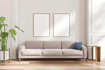 Light chill room interior with couch and coffee table. Mockup frames