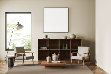 Light living room interior with chairs and shelf, panoramic window. Mockup frame