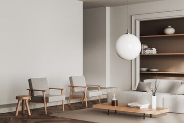 Light relax room interior with couch and two chairs, coffee table and mockup wall