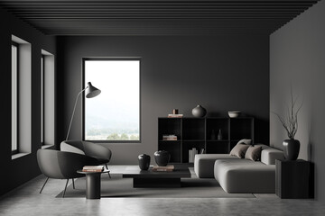 Grey relax room interior with couch, chairs and shelf, panoramic window