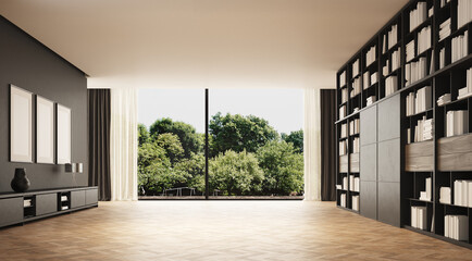 Large one room area. Window with a large glass in front, in which you can see the vegetation.Large sideboard on the opposite plain black wall.Natural lighting