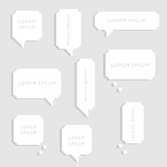 collection set of retro game 8 bit pixel sweet cute white color speech bubble balloon text box banner frame sign think, speak, talk, template, art, flat design vector illustration