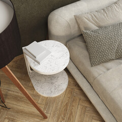 Fototapeta na wymiar Aerial view of a side table in the living room next to a sofa with decorative cushions. Herringbone parquet floor.