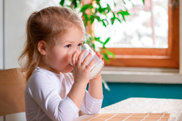 Portrait of little blondy cheerful girl drinking milk from glass in her hands with appetite on the background of green plant and light window at home