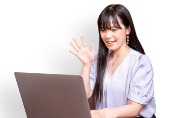 ノートパソコンに笑顔で手を振る女性
