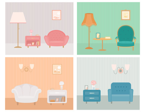 Set of nightstands with cozy armchairs in interior. Cartoon flat style. Home interior concept. Vector illustration