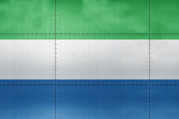 3D Flag of Sierra Leone on a metal wall background.