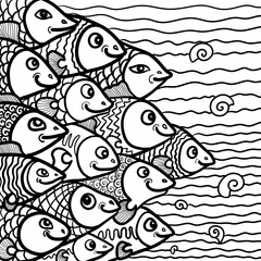 pattern with fishes black and white coloring digital illustration