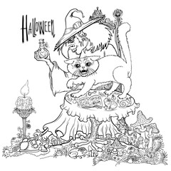 coloring page of a which and cat black and white digital illustration print with halloween elements 