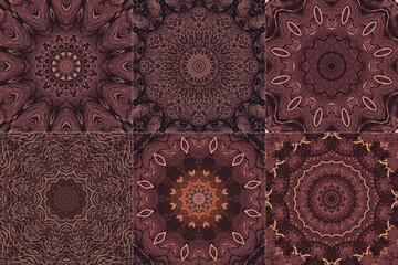 Set of abstract intricate symmetrical floral ornament fantastic fractal mandala psychedelic