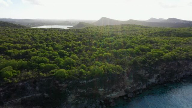 Aerial view of the coast of Curaçao in the Caribbean Sea with turquoise water, cliff, beach, and beautiful coral reef