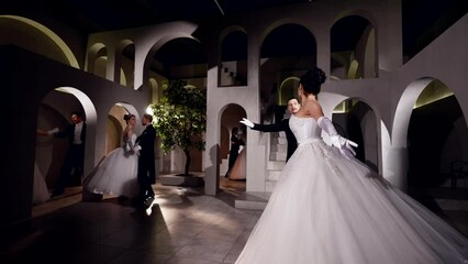 princess and court ladies are dancing with gentlemen in royal ball, women and men are dancing waltz