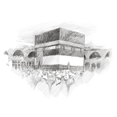 pencil drawing of muslims circumambulating the kaaba