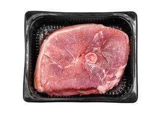 Lamb meat steaks (boneless leg) in styrofoam packaging tray