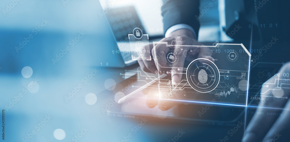 Wall mural cyber security concept. businessman using digital tablet and fingerprint scanning unlock and access 