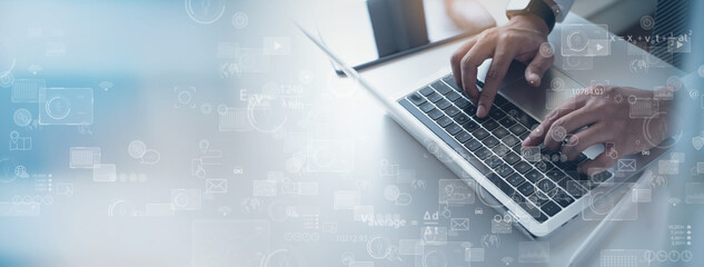 Data science, business analytics and business intelligence concept. Businessman working on laptop with big data, financial graph growth chart on virtual screen, digital technology, market research