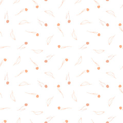 Abstract autumn seamless pattern with uneven shapes, spots, lines, sprig of berries. Hand drawn. Isolated on white background.