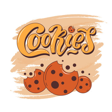 Cookies logo with a chocolate drop, cookies with the chocolate chip, hand lettering,  vector illustration. Logo. Bitten cookie. Cartoon Style for card, packaging, Banner, Flyer, Sticker, dessert