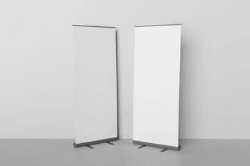 Blank white roll-up banner display mockup on gray background, isolated, 3d rendering