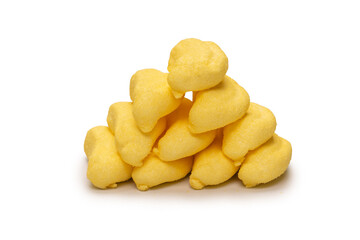Banana marshmallow candy isolated on a white background.