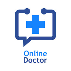 Telemedicina. Logo de médico en línea. Atención médica remota. Silueta de cruz medicina en estetoscopio con forma de burbuja de habla aislada