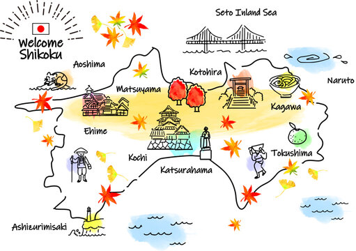 秋の四国の観光地シンプル線画イラストマップ