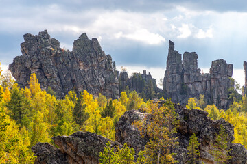 Inzer teeth (Inzer rocks) near the Tirlyansky village. Russia, South Ural, Bashkortostan Republic, Beloretsky region.