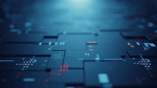 3D Rendering of abstract blocky rectangle shapes with digital binary dots and lines. For user programming interface, technology, machine learning, business product background