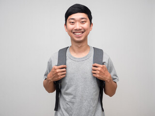 Asian man with backpack to school happy smile isolated