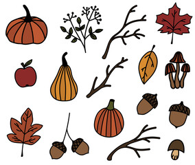 Doodle set of autumn leaves, pumpkins, tree branches, acorns, mushrooms. Hand drawn fall isolated stickers. Autumn vector illustration clip art