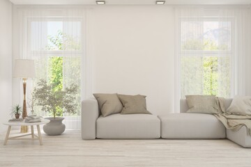 White living room with sofa and summer landscape in window. Scandinavian interior design. 3D illustration