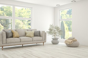 Mock up of minimalist living room in white color with sofa. Scandinavian interior design. 3D illustration