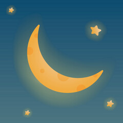 Fototapeta na wymiar Crescent or New Moon Cartoon Vector Illustration. Young Moon 3d Icon With Glow And Stars