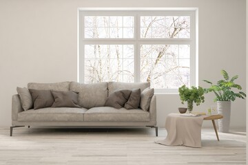White living room with sofa and winter landscape in window. Scandinavian interior design. 3D illustration