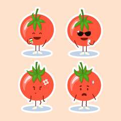 Set of 4 cute tomato characters with different emotions. Sticker pack with white outline. Flat style vector illustration