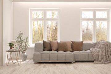 White living room with sofa and winter landscape in window. Scandinavian interior design. 3D illustration