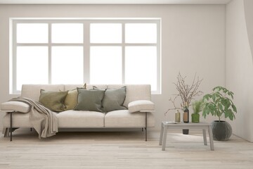 White living room with sofa. Scandinavian interior design. 3D illustration