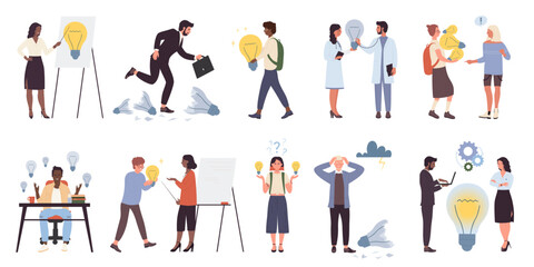 Fototapeta na wymiar Business ideas and innovation, people with light bulbs set vector illustration. Cartoon isolated smart characters work on intellectual troubles and study, holding big lightbulbs and brainstorming,