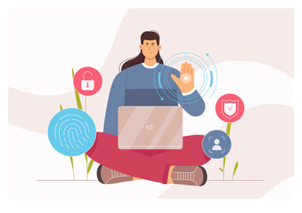 ID verification, identification for access to personal data information vector illustration. Cartoon woman sitting with laptop, employee using verification with face and fingerprint recognition