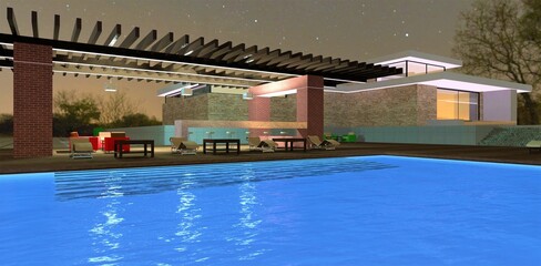 Fototapeta premium Stunning night patio near the pool with lights. Modern country house lit by LED strip. Comfort and serenity reign in the atmosphere. 3d render.