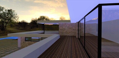 Terrace with wooden floor and open top in an advanced modern private home on a starry night a few hours before dawn. 3d render.