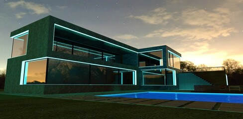 Obraz premium A wonderful sunset in an advanced villa illuminated by a light blue LED strip along the entire facade. Lighting creates an exclusive image of the building. 3d render.
