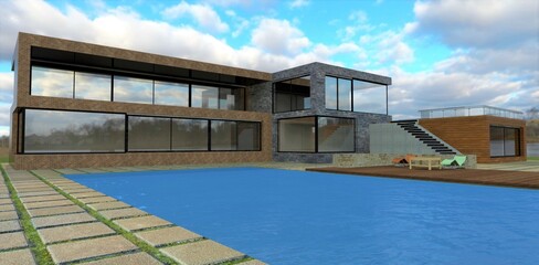 Blue water swimming pool in front of an advanced private country house. Massive concrete pavers and decking boards. Relaxation area with sun loungers. 3d render.