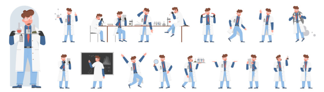 Male scientist poses in side, front and back view set vector illustration. Cartoon man chemist with beard, lab coat and glasses working with microscope, laboratory equipment isolated on white