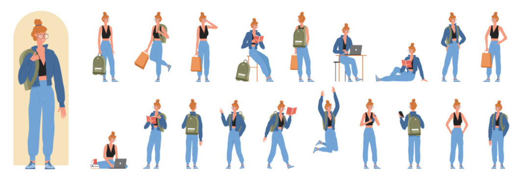 Female student character poses and actions set vector illustration. Cartoon girl studying, teenager sitting at table with laptop, walking with book and school bag and smiling isolated on white