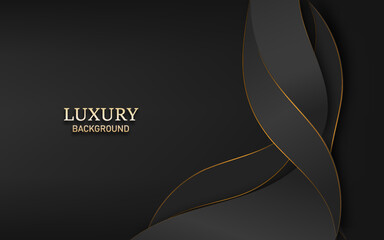 abstract black curve shape with golden lines on black background. Luxury style
