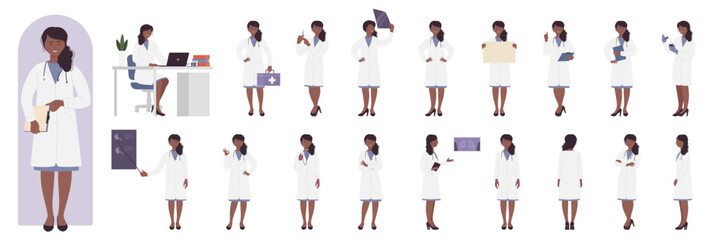 Cartoon young woman working at hospital desk, standing with first aid box, posing in front, side and back view, showing xray presentation. African american black doctor poses set vector illustration
