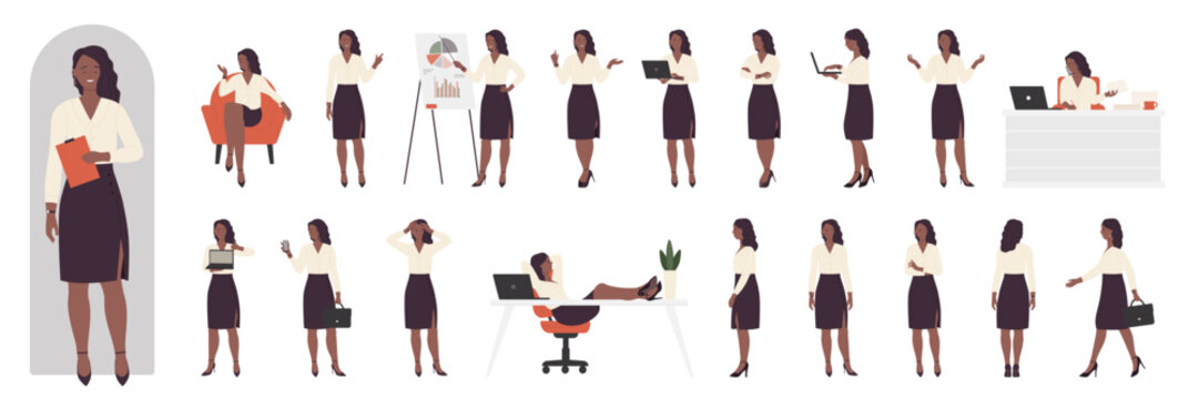 Cartoon young female clerk in formal outfit presenting documents and business vision, showing various poses. African american black busy businesswoman character in office work set vector illustration
