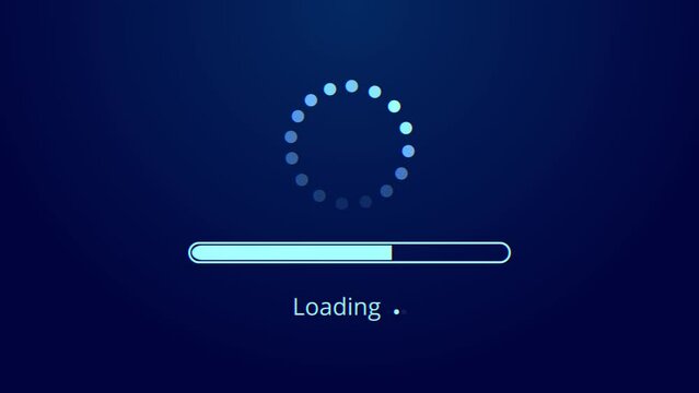 Loading circle icon animation on dark blue background. Progress bar motion graphic and circle rotating loading icon on black background.