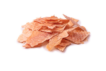 Group of tasty beer snacks. Dehydrated chicken meat slices.